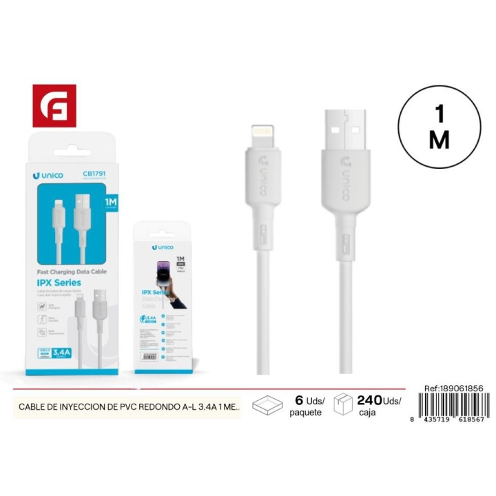 Cable USB-A a Lightning 3,4A 1M Blanco