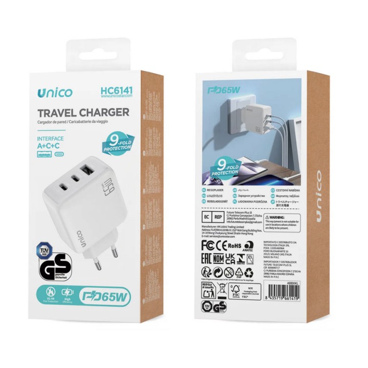 Cargador de Viaje Triple Puerto (2x Tipo-C y USB-A) PD65W Certificado GS