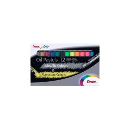 Pentel Oil Pastels Pack de 12 Pasteles Oleo - 6 Metalicos y 6 Fluorescentes - Blandos, Cremosos y de Secado Lento - Colores