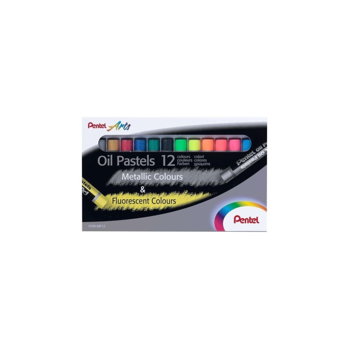 Pentel Oil Pastels Pack de 12 Pasteles Oleo - 6 Metalicos y 6 Fluorescentes - Blandos, Cremosos y de Secado Lento - Colores