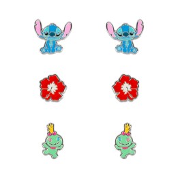 Set 3 Pares de pendientes Stitch Disney plata