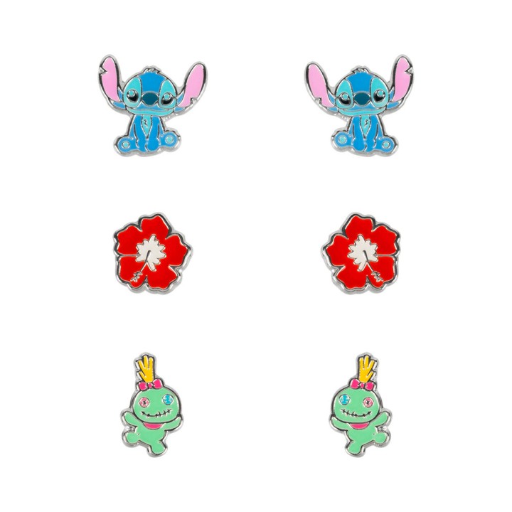 Set 3 Pares de pendientes Stitch Disney plata