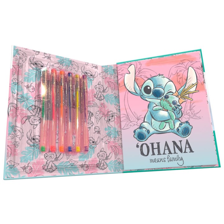 Blister cuaderno actividades + 6 boligrafos gel Stitch Disney