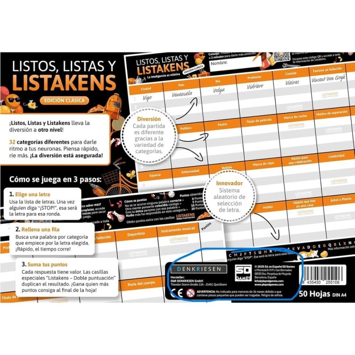Juego mesa Listos Listas y Listakens español