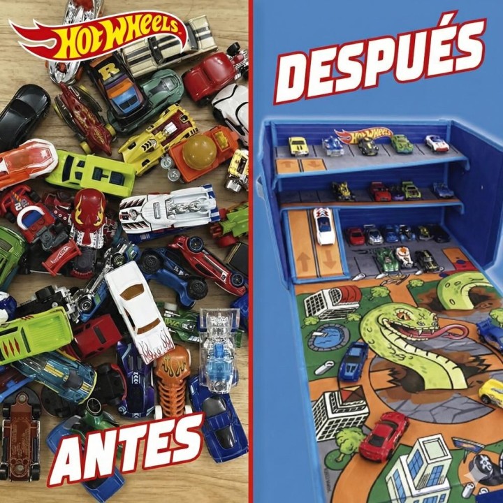 Caja organizadora de coches con pista y area de juego Hot Wheels