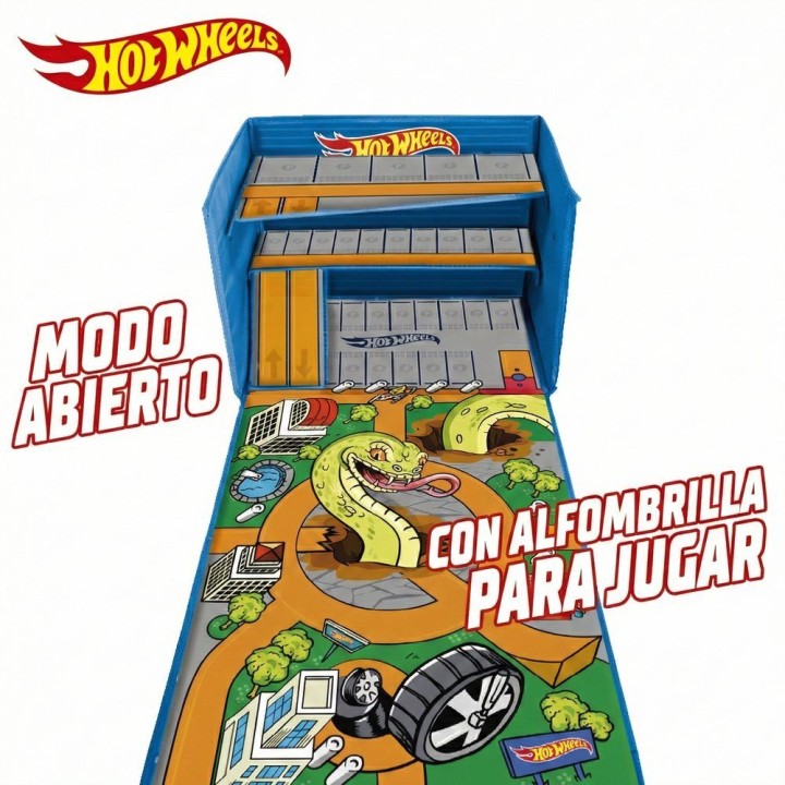 Caja organizadora de coches con pista y area de juego Hot Wheels