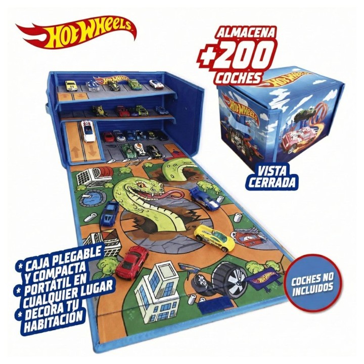 Caja organizadora de coches con pista y area de juego Hot Wheels