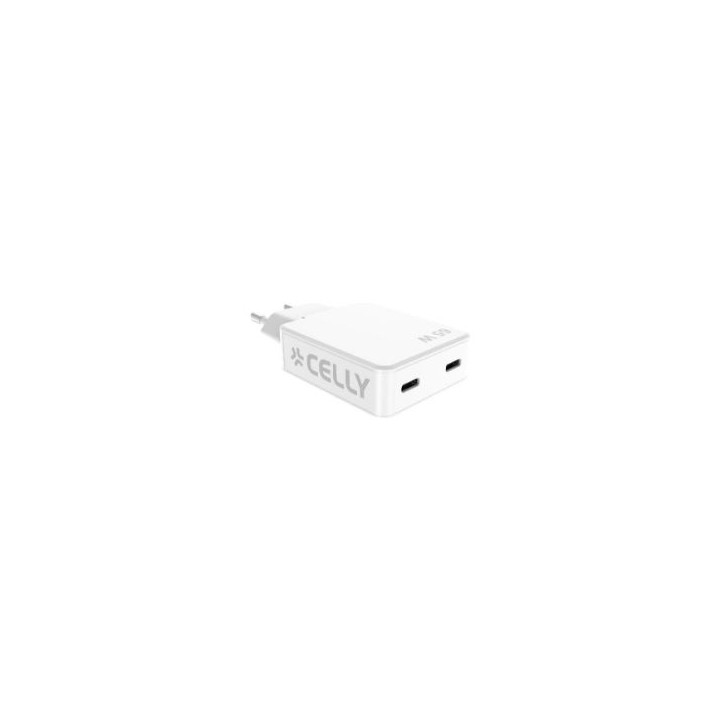 Cargador CELLY GaN 65W 2xUSB-C Blanco (SLIMTC2C65WWH)
