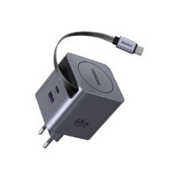 Cargador Ugreen GaN 65W Cable Retráctil Gris (65825)