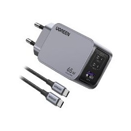 Cargador Ugreen GaN 65W 1xUSB-A 2xUSB-C Gris (25871)