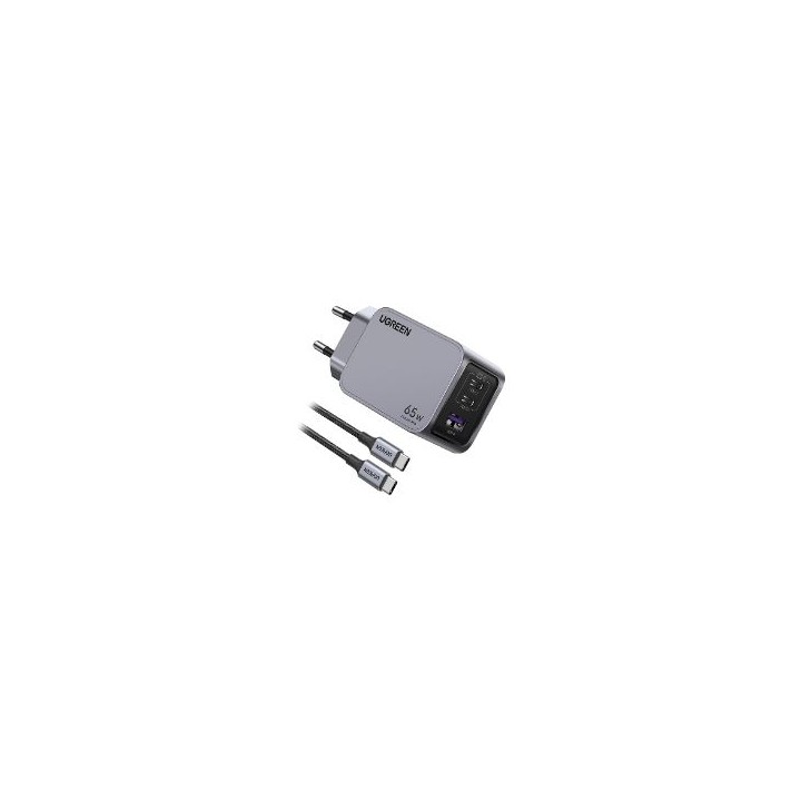 Cargador Ugreen GaN 65W 1xUSB-A 2xUSB-C Gris (25871)