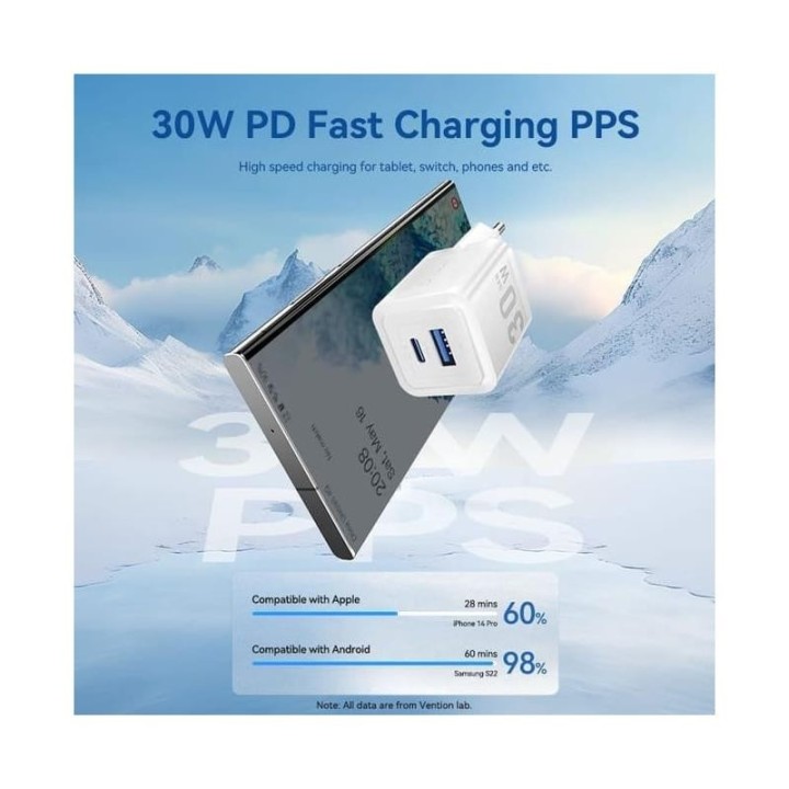 CARGADOR DE PARED VENTION GAN USB-C USB-A 30W BLUE