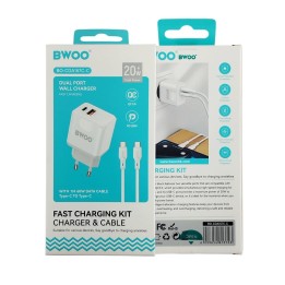 BWOO Cargador Rápido 20W Doble Puerto Cable 65W Type-C to Type-C 1 Metro Blanco (BO-CDA157C-C)