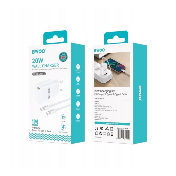 BWOO Cargador Rápido 20W Cable Type-C to Type-C 1 Metro Blanco (BO-CDA159C-C)
