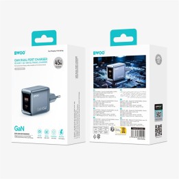 BWOO Cargador Rápido Gan 45W Doble Puerto USB-C Gris (BO-CDA240)