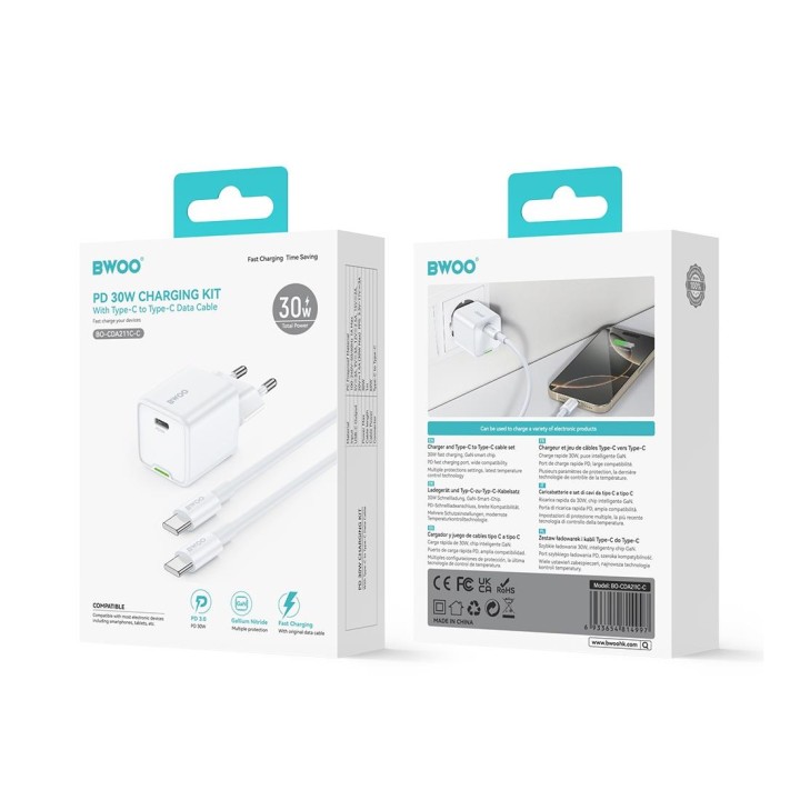 BWOO Cargador Rápido 30W Cable Type-C to Type-C 1 Metro Blanco (BO-CDA211C-C)