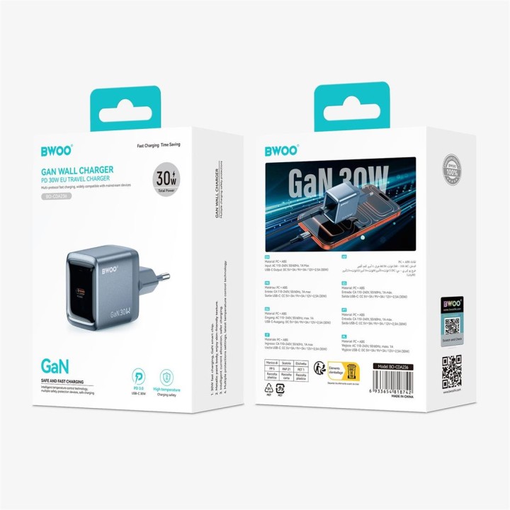 BWOO Cargador de Pared Carga Rápida Gan 30W USB-C Gris (BO-CDA236)