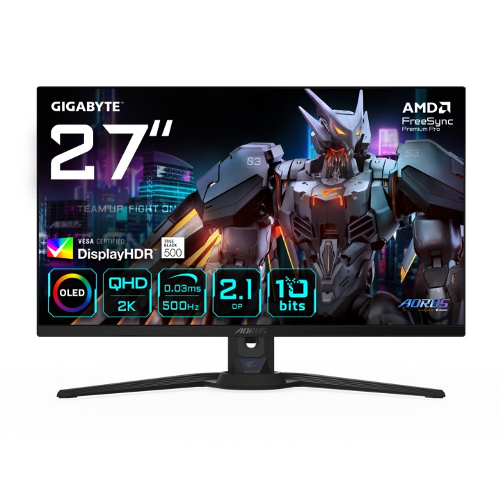 GIGABYTE AORUS FO27Q5P Monitor Gaming OLED QHD – 2560 x 1440, 500Hz, 0,03ms, KVM, 300 cd/m², FreeSync Premium Pro, DisplayHDR