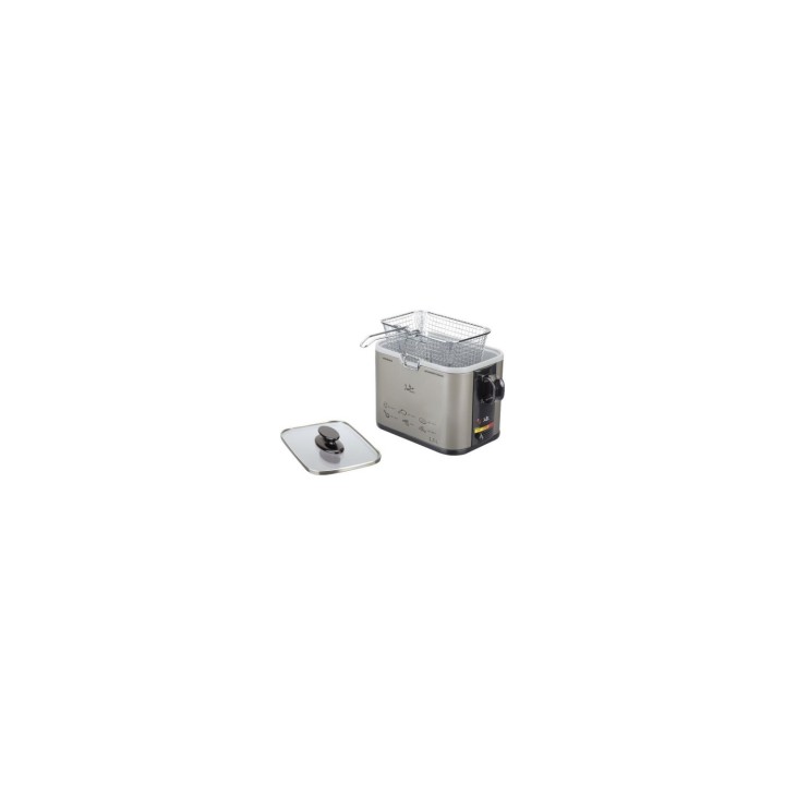 FREIDORA JATA 1000W CUBA 1.5L TAPA DE CRISTAL CON ASA TERMOSTATO REGULABLE INDICADOR LUMINOSO CUERPO INOX ANTIHUELLA FR326E