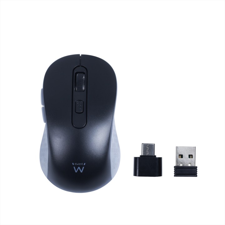 Ewent Ratón inalámbrico USB-A de 2,4 GHz con botones silenciosos y adaptador tipo C
