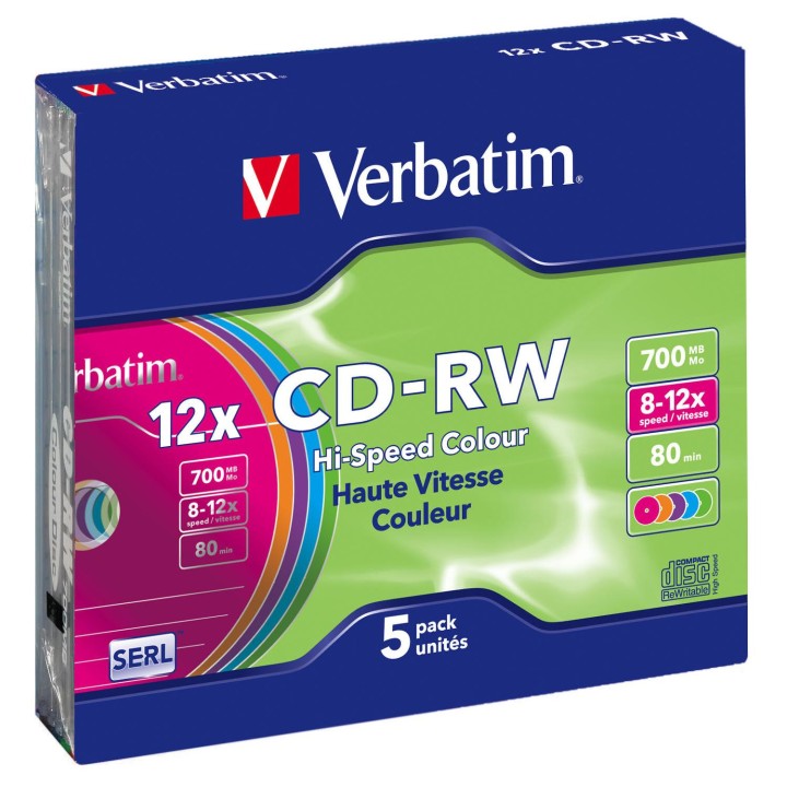CD-RW VERBATIM 700MB 12x VARIOS COLORES (5 UNIDADES) 43167