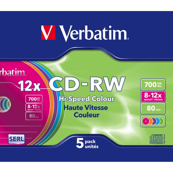 CD-RW VERBATIM 700MB 12x VARIOS COLORES (5 UNIDADES) 43167