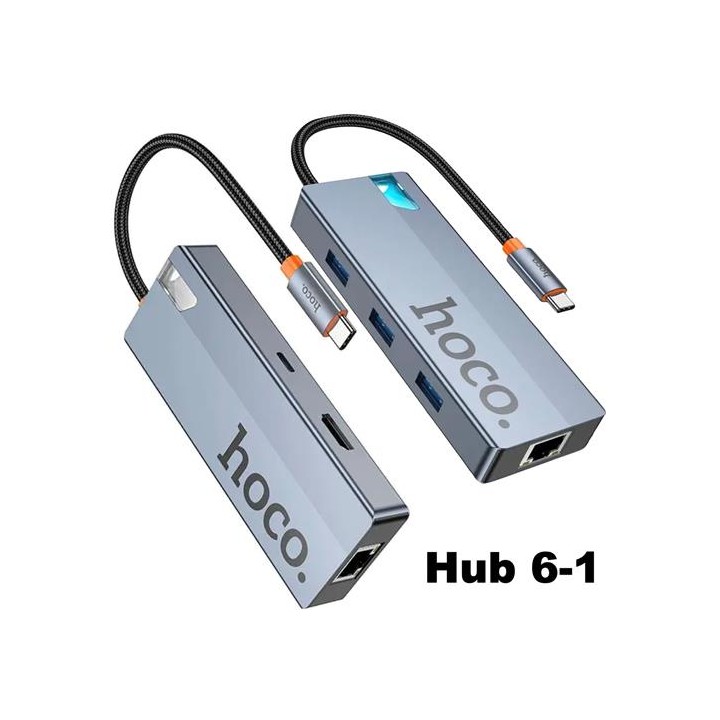 Adaptador USB-C 6-1 Hoco HB51 HDMI + 3x USB 3.0 + PD + RJ45