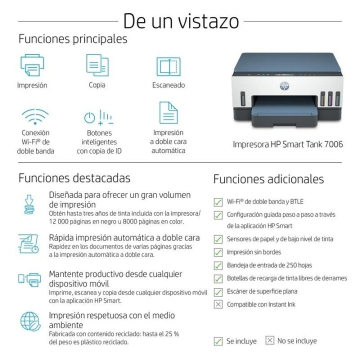 IMPRESORA HP SMART TANK MULTIFUNCION 7006 COLOR WIFI DUPLEX WHITE/BLUE