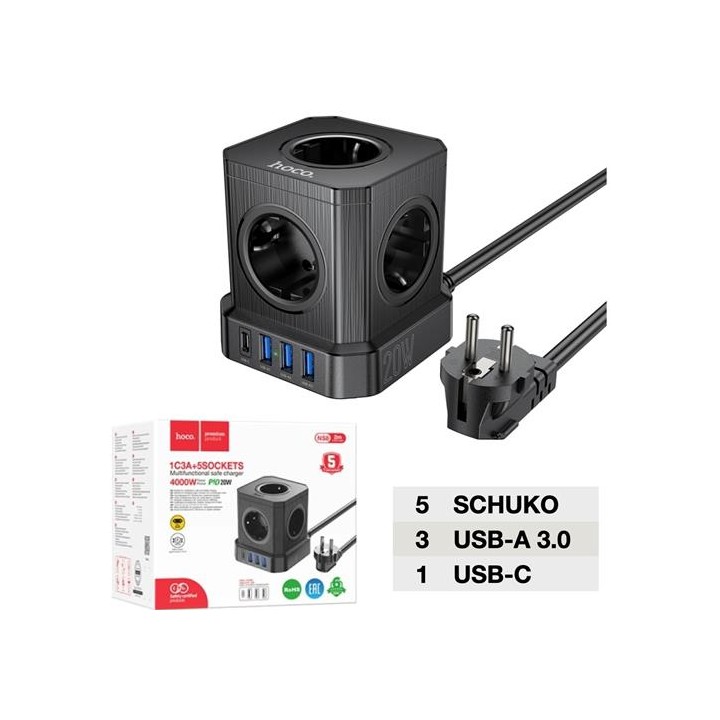 Hoco NS8 Regleta Cubo con 5 Enchufes y 3 Puertos USB 20W