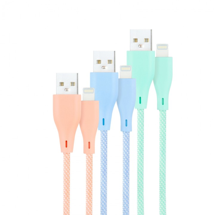 Nanocable 3 Cables Lightning a USB 2.0, Lightning/M-USB A/M, Mallados, Rosa, Azul y Verde, 1 m