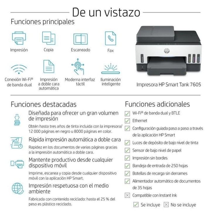IMPRESORA HP SMART TANK MULTIFUNCION 7605 COLOR WIFI DUPLEX WHITE/GREY