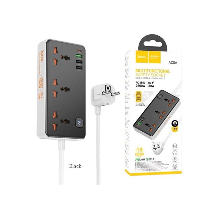 Hoco AC8A Regleta Multipaís con salidas USB 30W Negro