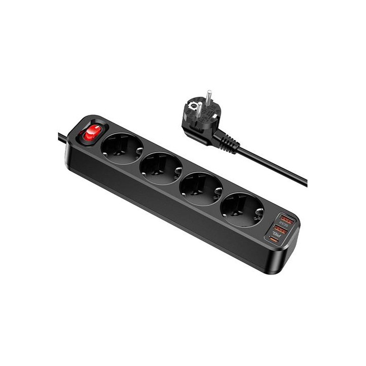 Hoco NS1 Regleta 4 Tomas con 2x USB 18w y USB-C 20w Negro