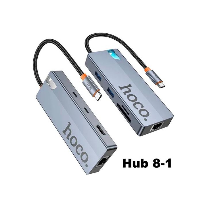 Adaptador USB-C 8-1 Hoco HB52 HDMI + 2x USB 3.0 + PD + RJ45 + MicroSD/SD