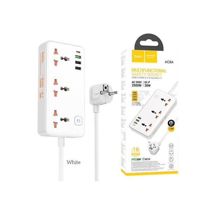 Hoco AC8A Regleta Multipaís con salidas USB 30W Blanco