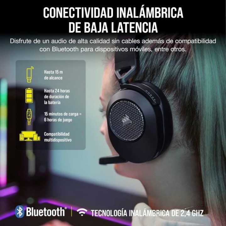AURICULARES + MICROFONO CORSAIR HS65 WIRELESS GAMING HEADSET RGB 7.1 BLACK