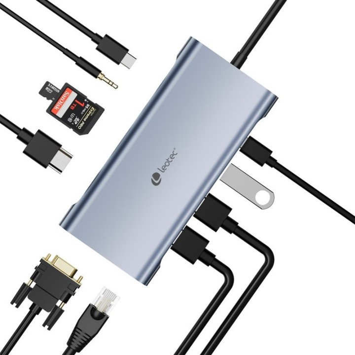 DOCK HUB LEOTEC USB-C 11 EN 1 HDMI/VGA/RJ45/USB 3.0/USB-C PD/MICROSD SILVER