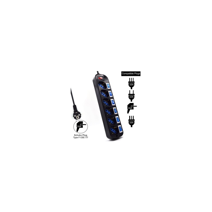 Ewent limitador de tensión 6 salidas AC 220 V 1,5 m Negro