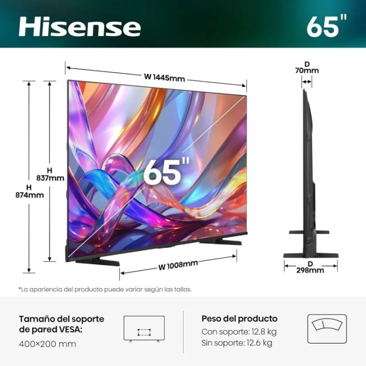 TELEVISOR HISENSE 65 QLED UHD 4K USB SMART TV VIDAA WIFI BLUETOOTH DOLBY ATMOS