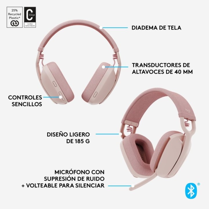 AURICULARES + MICROFONO LOGITECH ZONE VIBE 100 BLUETOOTH 5.2 ROSE