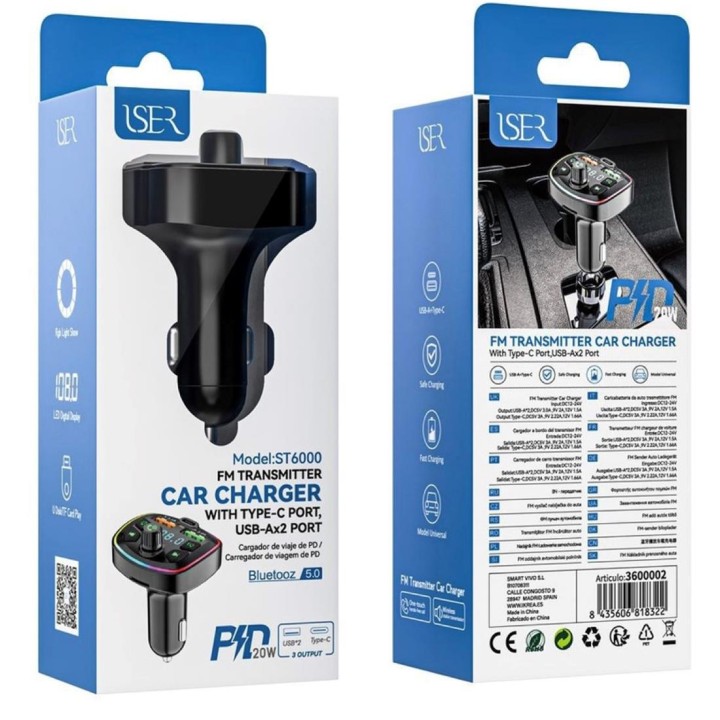 Transmisor FM y Bluetooth para Coche con cargador 20W Iser ST6000