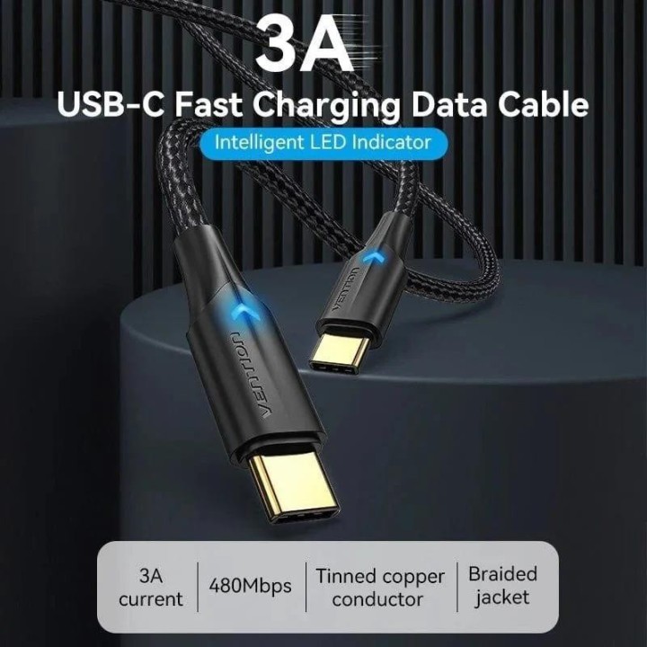 CABLE USB 2.0 VENTION TIPO USB-C/M-C/M LED 480MBPS 3A 0.5M BLACK
