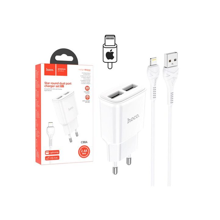 Hoco C88A Cargador Star Round Dual Port + Cable Lightning White