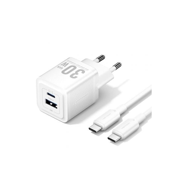 CARGADOR DE PARED VENTION GAN USB-C 30W WHITE + CABLE USB-C 1M WHITE