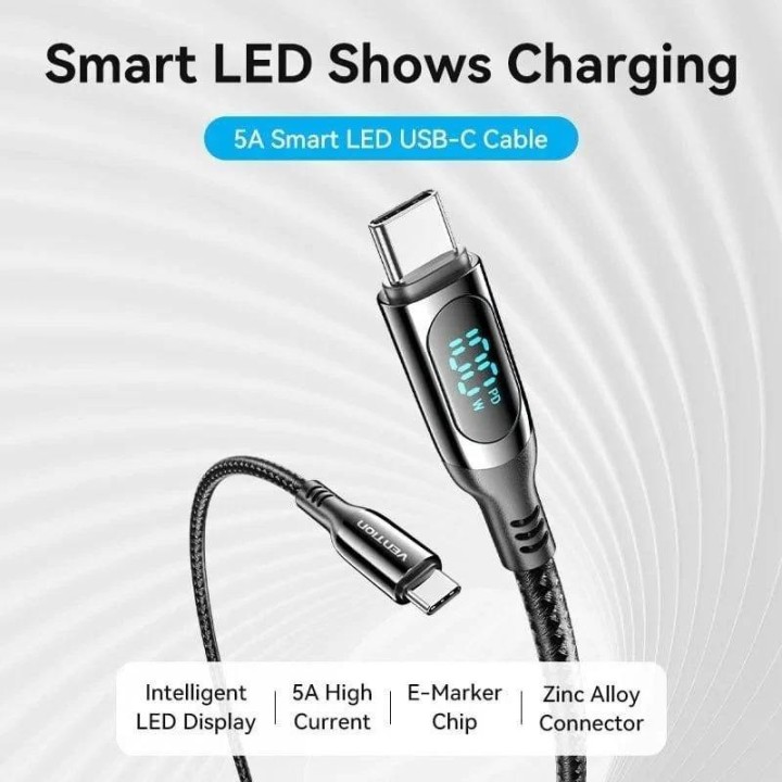 CABLE USB VENTION TIPO USB-C/M-C/M PANTALLA LED 5A PD100W 1.2M BLACK