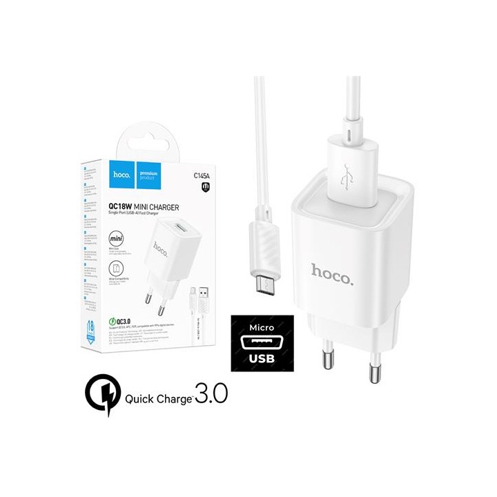 Cargador + Cable Micro USB Hoco C145A 18W QC3.0 Blanco