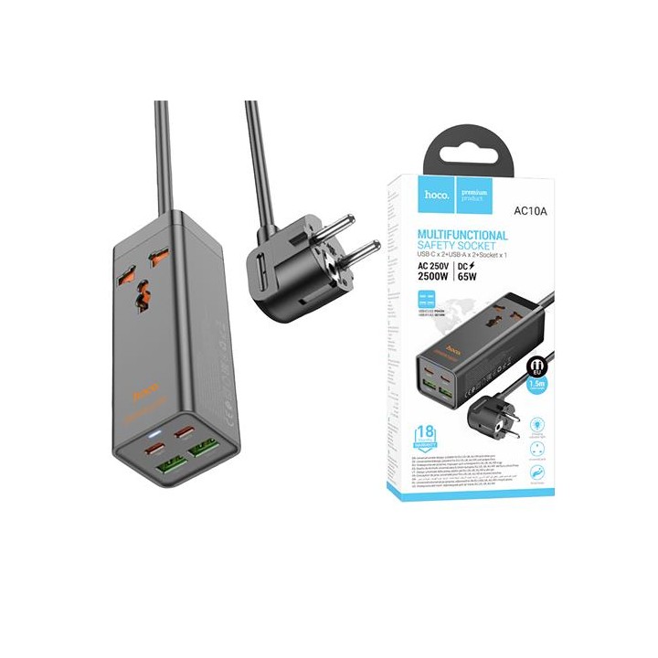 Cargador USB y USB-C 65W entrada Multipaís Hoco AC10A Negro