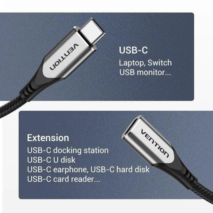 CABLE ALARGADOR USB-C 3.1 VENTION TIPO USB-C/M - USB-C/H 1M GREY/BLACK