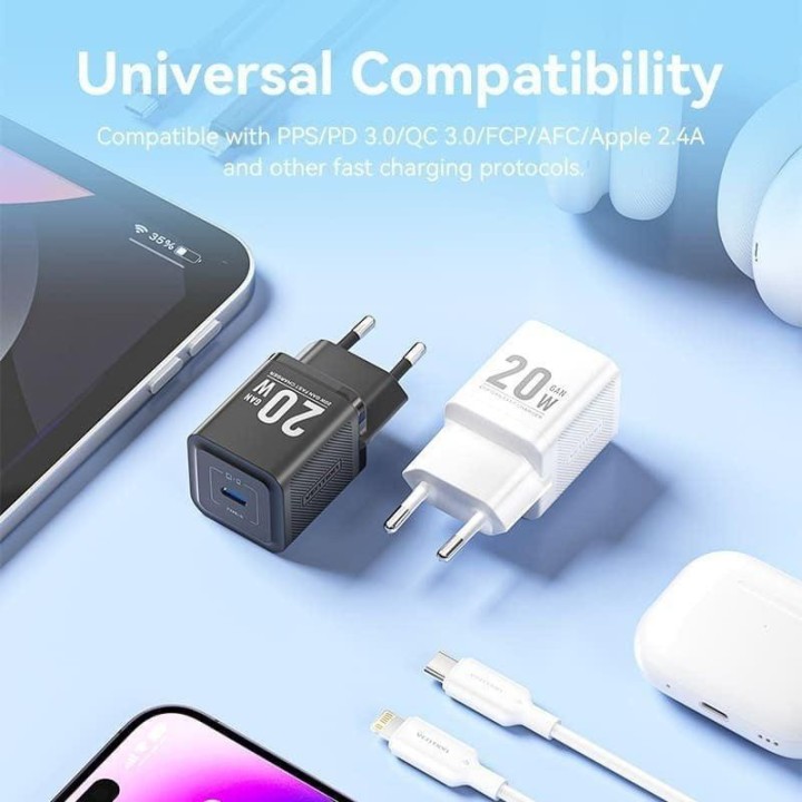 CARGADOR DE PARED VENTION GAN USB-C 20W BLACK + CABLE UCB-C - LIGHTNING 1M BLACK