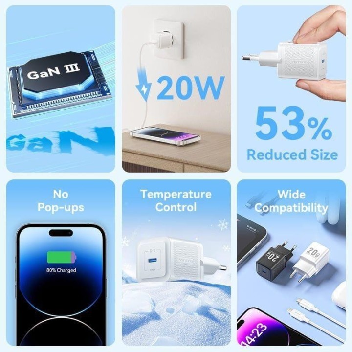 CARGADOR DE PARED VENTION GAN USB-C 20W BLACK + CABLE UCB-C - LIGHTNING 1M BLACK